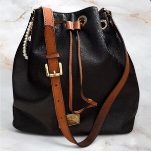 Black Coated Canvas Bucket Bag with Cognac Leather Strap and Signature Lining